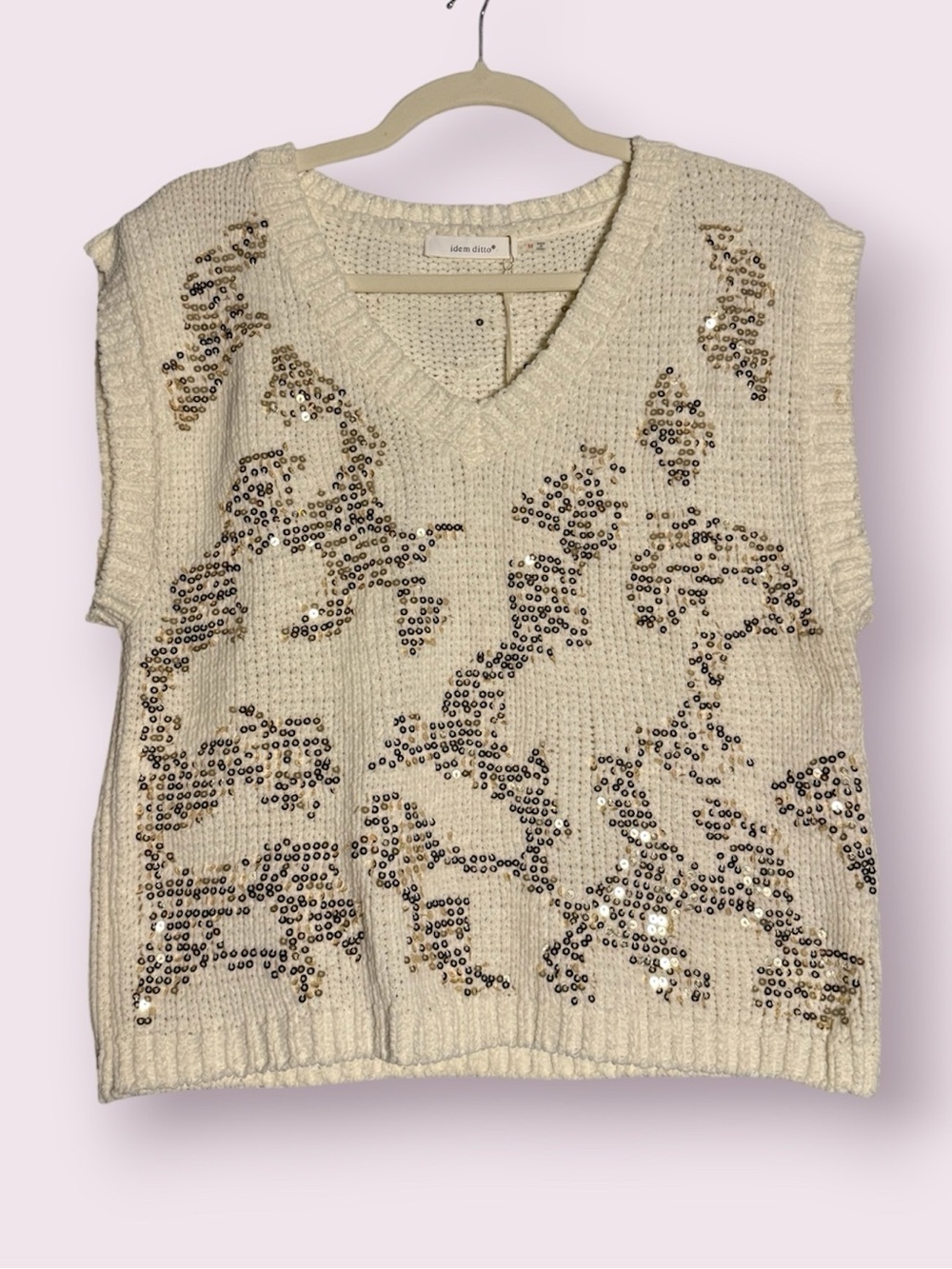 Idem Ditto Cream and Gold Sequin Knit Sleeveless Sweater Vest Size Medium